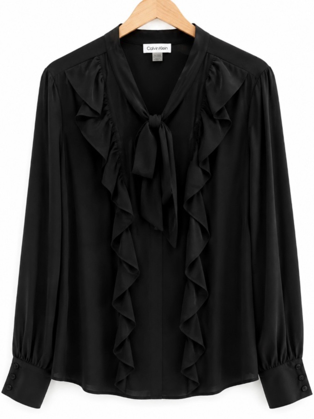 Calvin Klein Black Ruffle Tie-Neck with cascade ruffle front XL